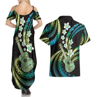 Hawaiian Ukulele Couples Matching Summer Maxi Dress and Hawaiian Shirt Chartreuse Cyan Fantastic Plumeria LT01 - Polynesian Pride