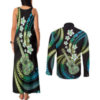 Hawaiian Ukulele Couples Matching Tank Maxi Dress and Long Sleeve Button Shirt Chartreuse Cyan Fantastic Plumeria LT01 - Polynesian Pride