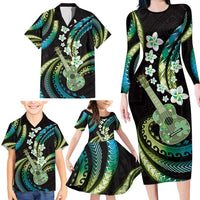 Hawaiian Ukulele Family Matching Long Sleeve Bodycon Dress and Hawaiian Shirt Chartreuse Cyan Fantastic Plumeria LT01 - Polynesian Pride