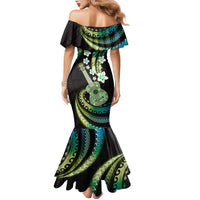 Hawaiian Ukulele Family Matching Mermaid Dress and Hawaiian Shirt Chartreuse Cyan Fantastic Plumeria LT01 - Polynesian Pride