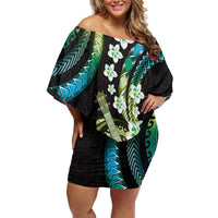 Hawaiian Ukulele Family Matching Off Shoulder Short Dress and Hawaiian Shirt Chartreuse Cyan Fantastic Plumeria LT01 Mom's Dress Cyan - Polynesian Pride
