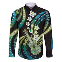 Hawaiian Ukulele Family Matching Short Sleeve Bodycon Dress and Hawaiian Shirt Chartreuse Cyan Fantastic Plumeria LT01 Dad's Shirt - Long Sleeve Cyan - Polynesian Pride