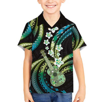 Hawaiian Ukulele Kid Hawaiian Shirt Chartreuse Cyan Fantastic Plumeria