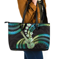 Hawaiian Ukulele Leather Tote Bag Chartreuse Cyan Fantastic Plumeria