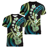 Hawaiian Ukulele Women V-Neck T-Shirt Chartreuse Cyan Fantastic Plumeria LT01 - Polynesian Pride