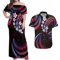 Hawaii Map Kanaka Maoli Couples Matching Off Shoulder Maxi Dress and Hawaiian Shirt Fantastic Frangipani Sweet Dream LT01 Pink - Polynesian Pride