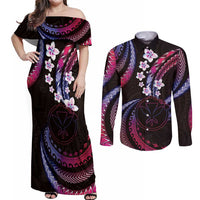 Hawaii Map Kanaka Maoli Couples Matching Off Shoulder Maxi Dress and Long Sleeve Button Shirt Fantastic Frangipani Sweet Dream LT01 Pink - Polynesian Pride