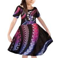 Hawaii King Kamehameha Family Matching Off Shoulder Short Dress and Hawaiian Shirt Fantastic Plumeria Sweet Vibes LT01 Daughter's Dress Pink - Polynesian Pride