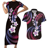 Hawaii Plumeria Couples Matching Short Sleeve Bodycon Dress and Hawaiian Shirt Sweet Gradient Polynesian Pattern