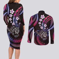 Hawaii Shaka Sign Couples Matching Long Sleeve Bodycon Dress and Long Sleeve Button Shirt Fantastic Frangipani Sweet Vibes LT01 - Polynesian Pride