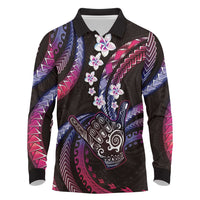 Hawaii Shaka Sign Long Sleeve Polo Shirt Fantastic Frangipani Sweet Vibes LT01 Pink - Polynesian Pride