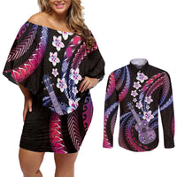 Hawaiian Ukulele Couples Matching Off Shoulder Short Dress and Long Sleeve Button Shirt Sweet Dream Fantastic Plumeria LT01 Pink - Polynesian Pride