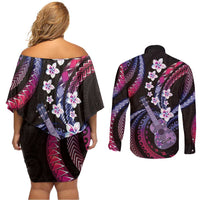 Hawaiian Ukulele Couples Matching Off Shoulder Short Dress and Long Sleeve Button Shirt Sweet Dream Fantastic Plumeria LT01 - Polynesian Pride