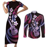 Hawaiian Ukulele Couples Matching Short Sleeve Bodycon Dress and Long Sleeve Button Shirt Sweet Dream Fantastic Plumeria LT01 Pink - Polynesian Pride