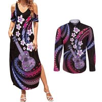 Hawaiian Ukulele Couples Matching Summer Maxi Dress and Long Sleeve Button Shirt Sweet Dream Fantastic Plumeria LT01 Pink - Polynesian Pride