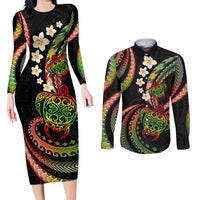 Hawaii Turtles Plumeria Couples Matching Long Sleeve Bodycon Dress and Long Sleeve Button Shirt Reggae Polynesian Pattern