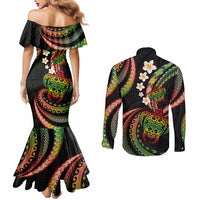 Hawaii Turtles Plumeria Couples Matching Mermaid Dress and Long Sleeve Button Shirt Reggae Polynesian Pattern