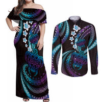 Hawaii Turtles Plumeria Couples Matching Off Shoulder Maxi Dress and Long Sleeve Button Shirt Amethyst Gradient Polynesian Pattern