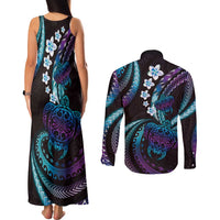 Hawaii Turtles Plumeria Couples Matching Tank Maxi Dress and Long Sleeve Button Shirt Amethyst Gradient Polynesian Pattern