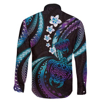 Hawaii Turtles Plumeria Family Matching Long Sleeve Bodycon Dress and Hawaiian Shirt Amethyst Gradient Polynesian Pattern