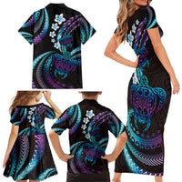 Hawaii Turtles Plumeria Family Matching Short Sleeve Bodycon Dress and Hawaiian Shirt Amethyst Gradient Polynesian Pattern