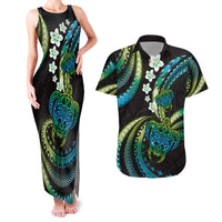Hawaii Turtles Plumeria Couples Matching Tank Maxi Dress and Hawaiian Shirt Chartreuse Cyan Polynesian Pattern