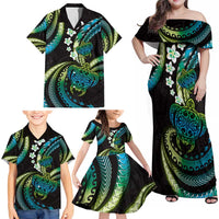 Hawaii Turtles Plumeria Family Matching Off Shoulder Maxi Dress and Hawaiian Shirt Chartreuse Cyan Polynesian Pattern LT01 - Polynesian Pride