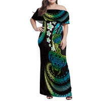 Hawaii Turtles Plumeria Family Matching Off Shoulder Maxi Dress and Hawaiian Shirt Chartreuse Cyan Polynesian Pattern LT01 Mom's Dress Cyan - Polynesian Pride