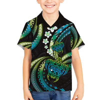 Hawaii Turtles Plumeria Family Matching Off Shoulder Maxi Dress and Hawaiian Shirt Chartreuse Cyan Polynesian Pattern LT01 Son's Shirt Cyan - Polynesian Pride
