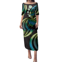 Hawaii Turtles Plumeria Family Matching Puletasi and Hawaiian Shirt Chartreuse Cyan Polynesian Pattern LT01 Mom's Dress Cyan - Polynesian Pride