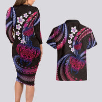 Hawaii Turtles Plumeria Couples Matching Long Sleeve Bodycon Dress and Hawaiian Shirt Sweet Gradient Polynesian Pattern