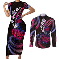 Hawaii Turtles Plumeria Couples Matching Short Sleeve Bodycon Dress and Long Sleeve Button Shirt Sweet Gradient Polynesian Pattern