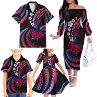 Hawaii Turtles Plumeria Family Matching Off The Shoulder Long Sleeve Dress and Hawaiian Shirt Sweet Gradient Polynesian Pattern
