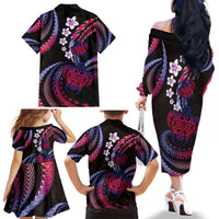 Hawaii Turtles Plumeria Family Matching Off The Shoulder Long Sleeve Dress and Hawaiian Shirt Sweet Gradient Polynesian Pattern