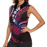 Hawaii Turtles Plumeria Women Sleeveless Polo Shirt Sweet Gradient Polynesian Pattern