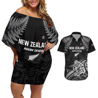 Custom New Zealand 2024 Rugby Couples Matching Off Shoulder Short Dress and Hawaiian Shirt Silver Fern Aotearoa Kiwi LT01 Black - Polynesian Pride