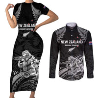 Custom New Zealand 2024 Rugby Couples Matching Short Sleeve Bodycon Dress and Long Sleeve Button Shirt Silver Fern Aotearoa Kiwi LT01 Black - Polynesian Pride