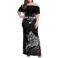 Custom New Zealand 2024 Rugby Family Matching Off Shoulder Maxi Dress and Hawaiian Shirt Silver Fern Aotearoa Kiwi LT01 Mom's Dress Black - Polynesian Pride