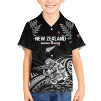 Custom New Zealand 2024 Rugby Family Matching Off Shoulder Short Dress and Hawaiian Shirt Silver Fern Aotearoa Kiwi LT01 Son's Shirt Black - Polynesian Pride