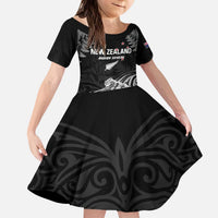 Custom New Zealand 2024 Rugby Kid Short Sleeve Dress Silver Fern Aotearoa Kiwi LT01 KID Black - Polynesian Pride