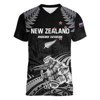 Custom New Zealand 2024 Rugby Women V-Neck T-Shirt Silver Fern Aotearoa Kiwi LT01 Female Black - Polynesian Pride