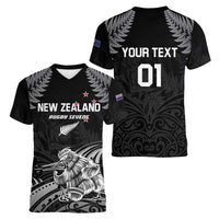 Custom New Zealand 2024 Rugby Women V-Neck T-Shirt Silver Fern Aotearoa Kiwi LT01 - Polynesian Pride