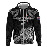 Custom New Zealand 2024 Rugby Zip Hoodie Silver Fern Aotearoa Kiwi LT01 Zip Hoodie Black - Polynesian Pride