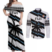 Custom Fiji 2024 Rugby Couples Matching Off Shoulder Maxi Dress and Long Sleeve Button Shirt Fijian Tapa Pattern LT01 White - Polynesian Pride