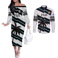 Custom Fiji 2024 Rugby Couples Matching Off The Shoulder Long Sleeve Dress and Long Sleeve Button Shirt Fijian Tapa Pattern LT01 White - Polynesian Pride
