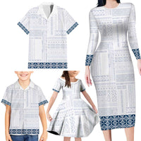 Samoa Siapo Blue Trimmed Family Matching Long Sleeve Bodycon Dress and Hawaiian Shirt Samoa White Sunday LT01 - Polynesian Pride