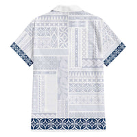 Samoa Siapo Blue Trimmed Family Matching Off The Shoulder Long Sleeve Dress and Hawaiian Shirt Samoa White Sunday LT01 - Polynesian Pride