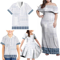 Samoa Siapo Blue Trimmed Family Matching Off Shoulder Maxi Dress and Hawaiian Shirt Samoa White Sunday LT01 - Polynesian Pride