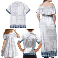 Samoa Siapo Blue Trimmed Family Matching Off Shoulder Maxi Dress and Hawaiian Shirt Samoa White Sunday LT01 - Polynesian Pride