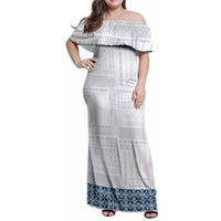 Samoa Siapo Blue Trimmed Family Matching Off Shoulder Maxi Dress and Hawaiian Shirt Samoa White Sunday LT01 Mom's Dress Blue - Polynesian Pride
